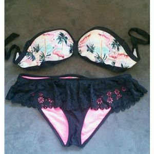 Black/Pink Flamingo print Two Piece Bikini